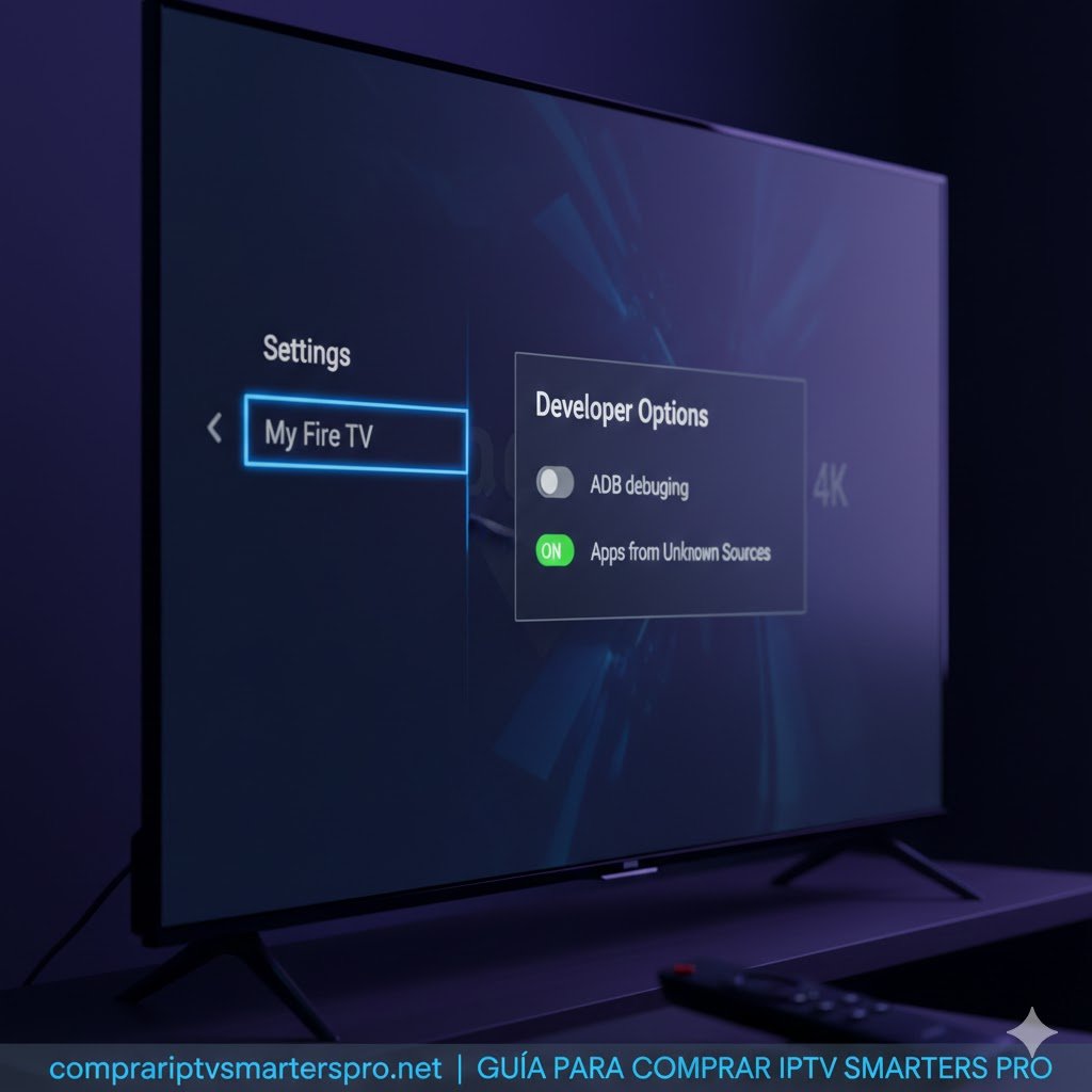 Captura de pantalla del menú "Acerca de" de FireStick mostrando cómo activar las opciones de desarrollador para comprar iptv smarters pro. Título de la imagen: Activación de permisos en FireStick.