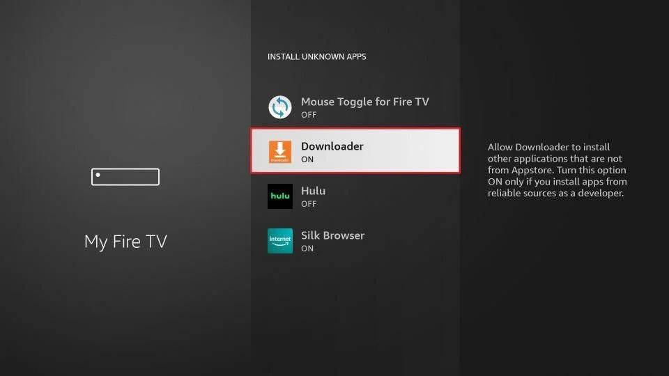 Captura de pantalla de My Fire TV permitiendo a Downloader instalar aplicaciones para iptv sin cortes.