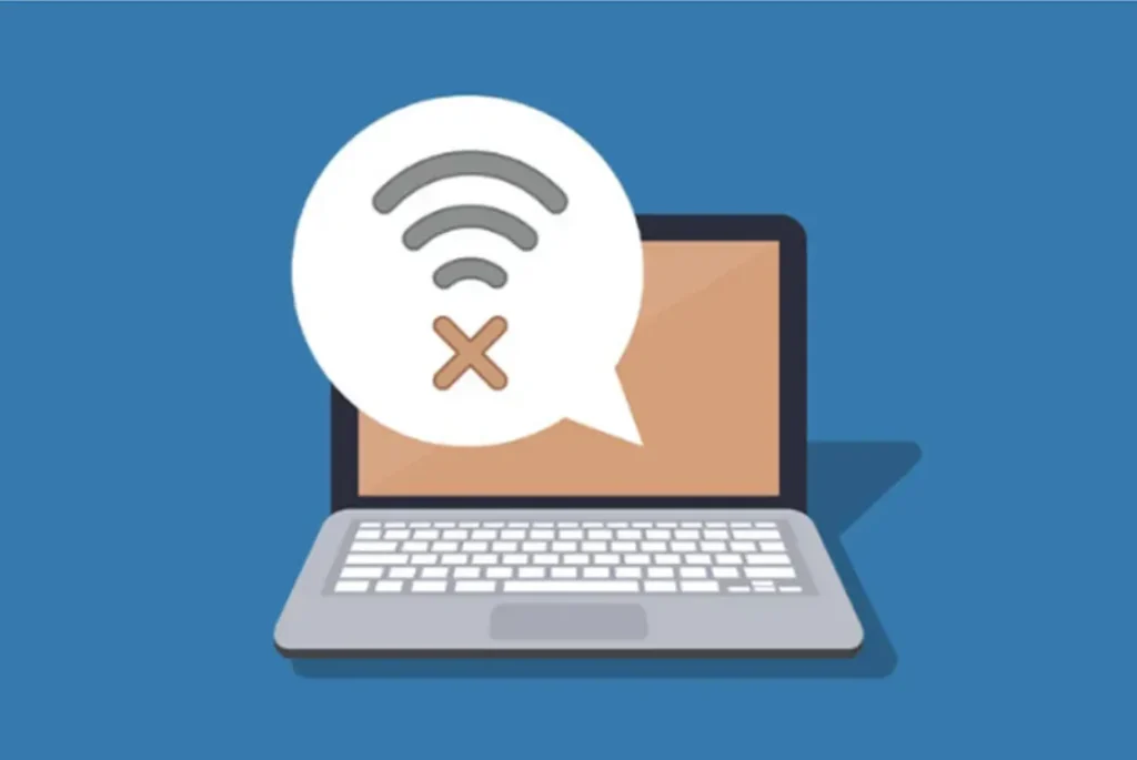 Icono de Wi-Fi desactivado en una laptop, representando problemas de red en la Configuración de IPTV en Mac OS.