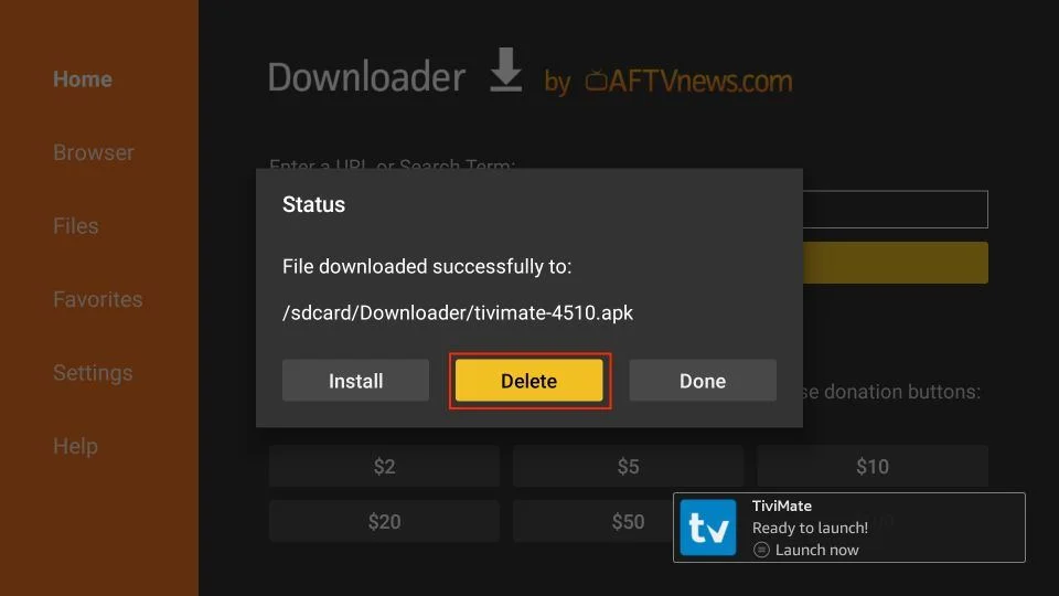 Pantalla de Downloader confirmando la instalación exitosa de TiviMate APK para iptv sin cortes.