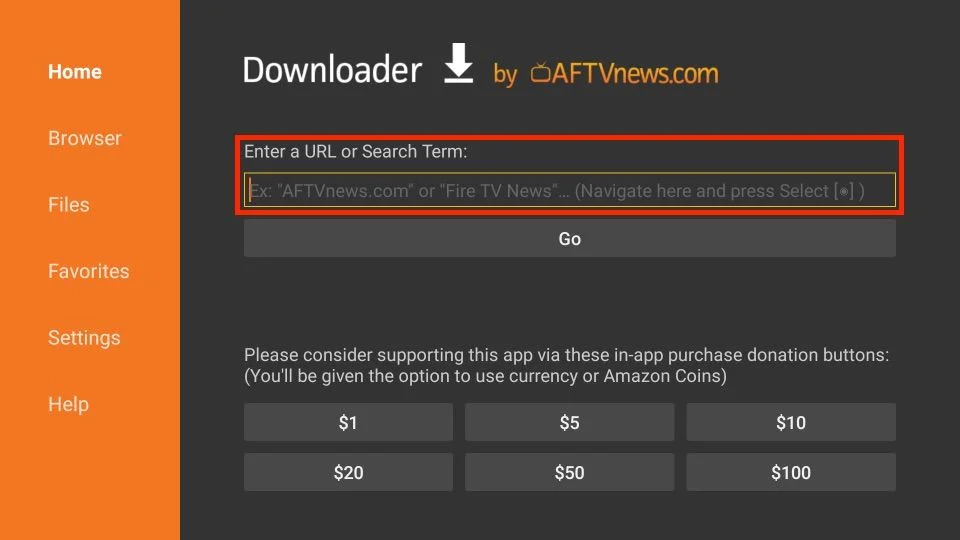 Campo de búsqueda en la app Downloader para introducir la URL de descarga de TiviMate y obtener iptv sin cortes.
