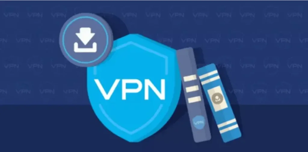 Ilustración de un escudo de seguridad VPN y libros de guía para asegurar una conexión de iptv sin cortes.
