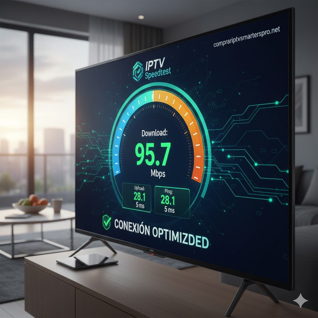 Pantalla mostrando un test de velocidad superior a 25 Mbps, ideal para usuarios que van a comprar iptv smarters pro.