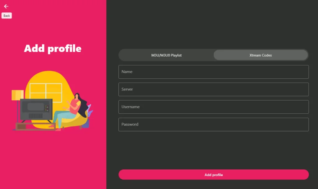 Formulario de registro para añadir una lista iptv españa mediante el método estable de Xtream Codes (Servidor, Usuario y Contraseña).