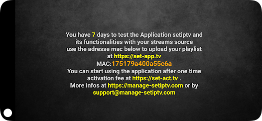 Pantalla de inicio de SET IPTV mostrando la dirección MAC para activar una lista iptv españa.