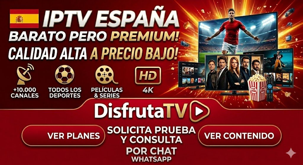 Banner de la lista iptv españa DisfrutaTV con más de 10.000 canales, deportes en vivo y cine en 4K sobre fondo rojo elegante.