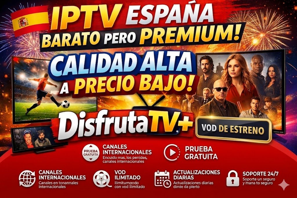 Banner publicitario de DisfrutaTV+ ofreciendo la mejorIPTV España Barato con canales internacionales, fútbol en vivo y VOD de estreno en 4K.